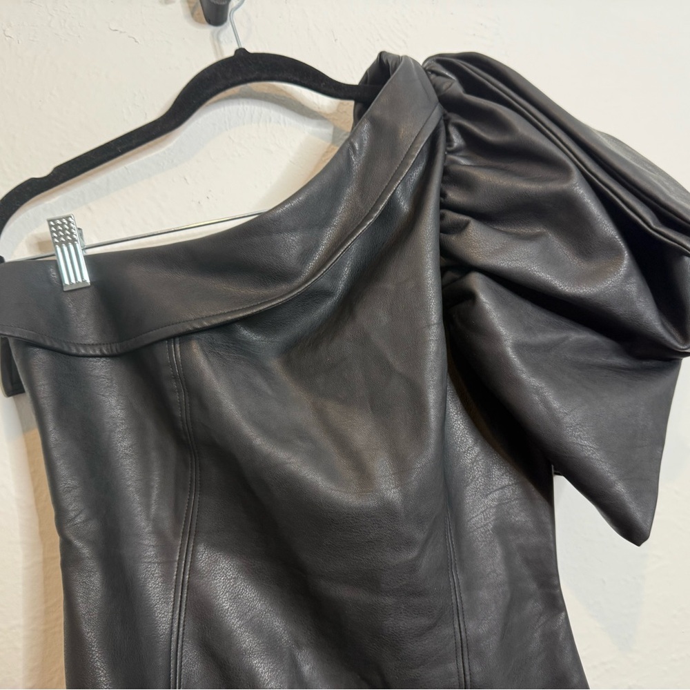 Elliatt One-Shoulder Faux Leather Mini Dress | Puff Sleeve Black Cocktail S - Picture 4 of 10